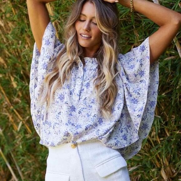 bishop + young Tops - bishop + young White and Lavender Floral Flutter-Sleeve Blouse